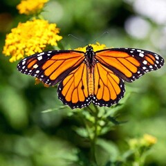 Obraz premium A close-up photo of a monarch butterfly with its wings fully open, deep focus highlighting the contrast between its orange and black markings, eye-level shot offering a sharp portrait that showcases