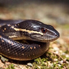 Fototapeta premium a closeup shot of a black and white snake in the forest