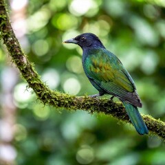 Fototapeta premium A bird perched on a branch in a dense tropical rainforest