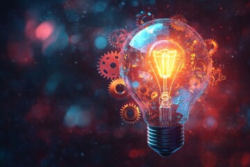 Glowing Light Bulb with Gears in Abstract Background