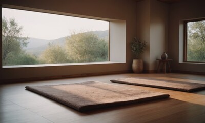 Fototapeta premium Yoga space with serene mountain views, yoga mats, wooden floors, and natural light