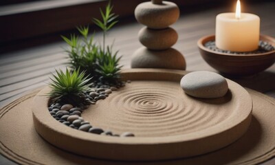 A Zen garden with leveled sand, smooth stones and green plants that promotes calm and mindfulness