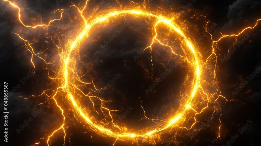 Poster a 3d render of a glowing yellow lightning ring on a black background, representing an energy light e