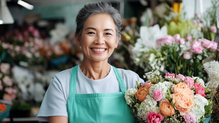 A cheerful Asian woman at a flower shop showcases a beautifully arranged bouquet while smiling warmly at the camera. Smiling flower shop assistant holding a bouquet in a vibrant floral arrangement