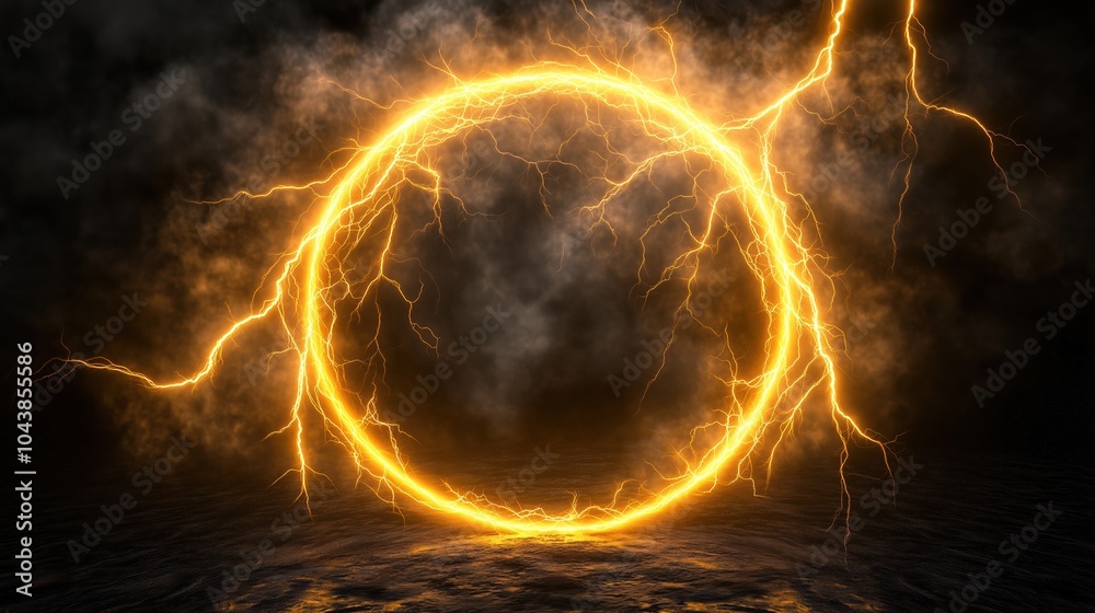 Poster a 3d render of a glowing yellow lightning ring on a black background, representing an energy light e