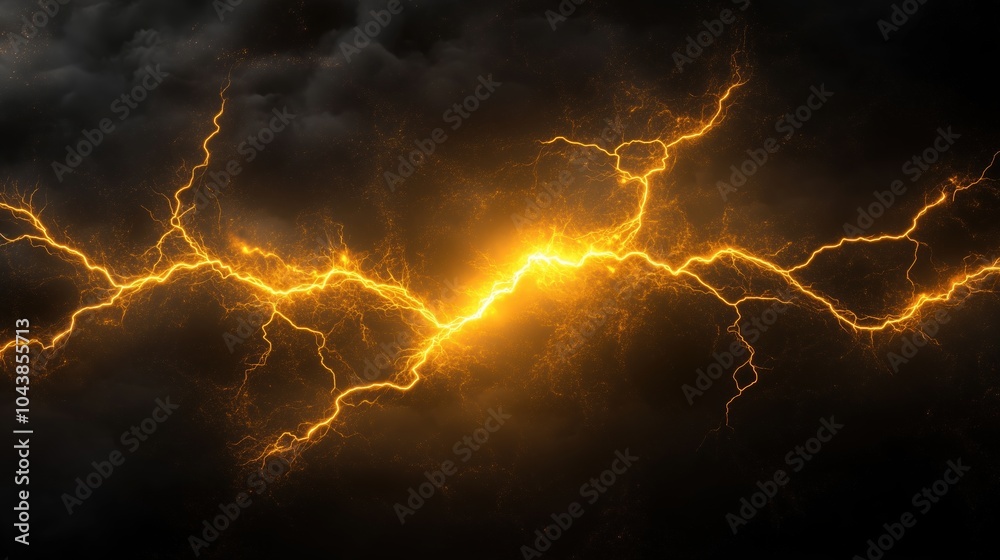 Poster a 3d render of a glowing yellow lightning ring on a black background, representing an energy light e