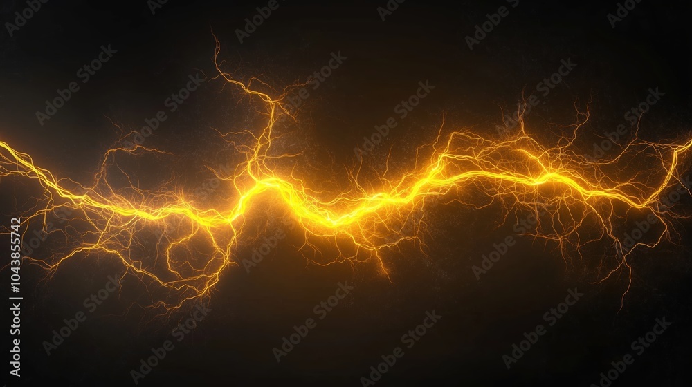 Poster a 3d render of a glowing yellow lightning ring on a black background, representing an energy light e