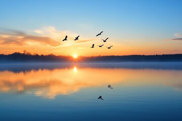 Obraz premium Serene sunrise over tranquil lake with silhouetted birds in flight