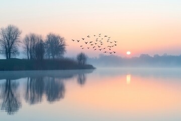 Naklejka premium Tranquil sunrise over misty lake with birds in flight