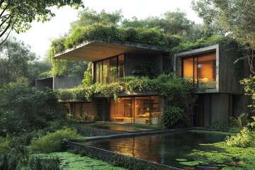 Modern Green Roof House With Pond And Tropical Plants