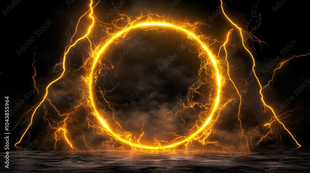 Poster a 3d render of a glowing yellow lightning ring on a black background, representing an energy light e