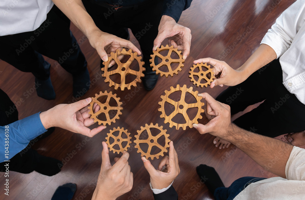 Poster business team joining cogwheel in circular together symbolize successful group of business partnersh
