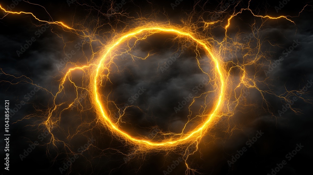 Poster a 3d render of a glowing yellow lightning ring on a black background, representing an energy light e