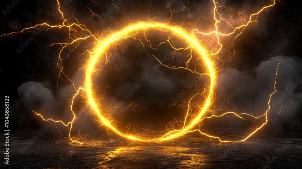 Poster a 3d render of a glowing yellow lightning ring on a black background, representing an energy light e