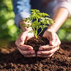 An Earth Day awareness poster showing a soft focus Dutch angle shot of a hand planting a tree sapling in the soil. The dreamy blur softens the image, and the tilted angle adds a sense of movement