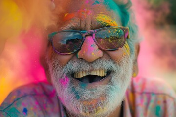 Elderly man joyfully celebrating Holi festival adorned with vibrant colors at outdoor gathering in vibrant atmosphere