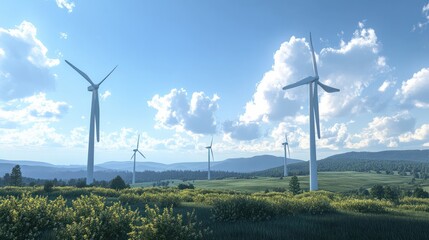 Detailed wind turbines generating green energy in a rural landscape ultrahigh detail