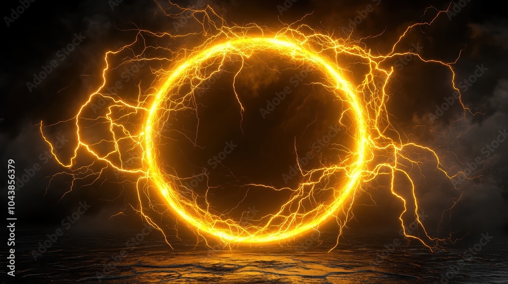 Poster a 3d render of a glowing yellow lightning ring on a black background, representing an energy light e