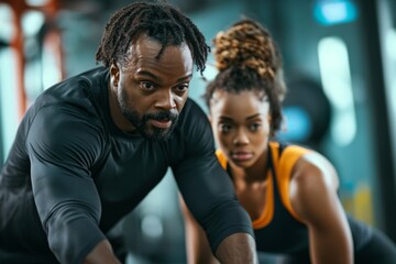 Focused fitness training with a diverse duo in a gym setting