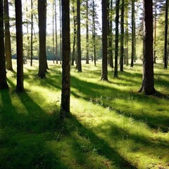 Fototapeta premium A peaceful forest clearing filled with soft, green grass, dappled sunlight filtering through the surrounding trees, creating a tranquil and inviting atmosphere