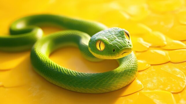 A whimsical green snake on a sunny yellow background