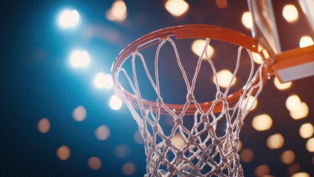 Close-up of a basketball hoop with net under bright arena lights. Indoor sports competition and basketball game concept.