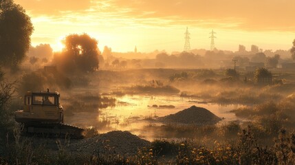 Fototapeta premium Sunrise over a misty landscape with machinery and water.