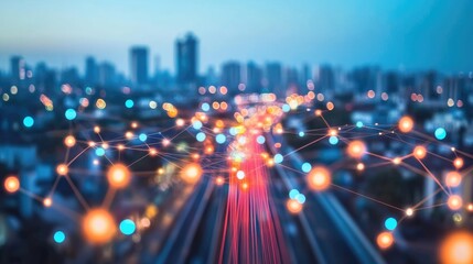 Obraz premium Business networking connection concept and Wi-Fi in city. Technology communication, The wireless communication , High Speed Internet , Optical fiber , Background blur building in the capital 