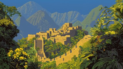 Epic Encounter: Great Wall of China and Machu Picchu Merge in Enchanting Digital Illustration amidst Majestic Mountains and Lush Flora