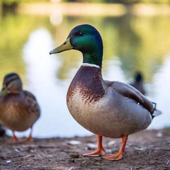 Fototapeta premium A medium shot of a group of ducks near a pond, using rack focus to bring the leading duck into clear view while the other ducks and pond are gradually blurred in the background