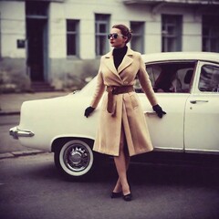 Obraz premium A woman wearing cat-eye vintage sunglasses, fashionable vintage gloves, and a tailored vintage coat, posed against the backdrop of a classic 1950s car in a retro cityscape