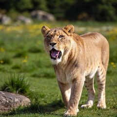 Fototapeta premium A full shot photo of a lioness in mid-roar, deep focus on its open mouth and intense facial expression, low-angle shot capturing the full body and the dynamic energy of its powerful stance