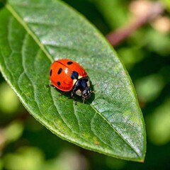 Obraz premium A macro shot of a ladybug on a leaf, with deep focus highlighting the fine details of its spots, the texture of its shell, and the leaf's surface, all while maintaining a sharp focus on the insect