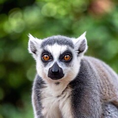 A close-up shot of a curious lemur peering through the foliage, with soft focus highlighting the texture of its large eyes and fur while the surrounding leaves are softly blurred
