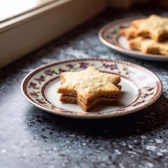 A macro photo of a Christmas cookie on a plate near a decorated window, deep focus showing the cookie details, the plate texture, and the snow outside, eye level shot