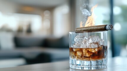 Obraz premium A beautifully composed image featuring a lit cigar resting on whiskey atop ice, emphasizing luxury and sophistication in an elegant setting.