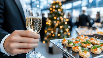 A formally dressed man elegantly holds a glass of champagne and gourmet appetizers on a tray, embodying luxury and refinement at a celebration event.