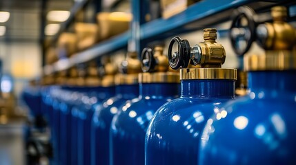 Close-up view of industrial blue gas cylinders in a row. Liquefied oxygen production.