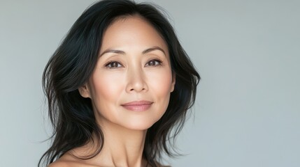 Portrait of a middle-aged Asian woman with a serene look. Cosmetology, beauty, skincare concept