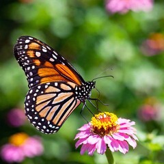 Fototapeta premium A close-up photo of a butterfly resting on a vibrant flower, deep focus capturing the intricate patterns and vivid colors of its wings, eye-level shot giving a detailed portrait of the delicate