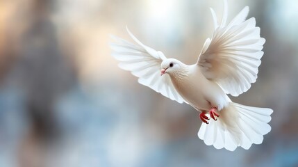 Obraz premium A stunning white dove captured mid-flight with its wings beautifully spread against a soft background, symbolizing peace and freedom in its elegant motion.