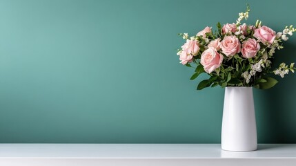 Fototapeta premium A vibrant assembly of bright pink roses in an elegant white vase standing against a serene teal wall, adding a touch of nature and artistry to any interior.
