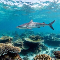 Naklejka premium Long Shot (LS) of a hammerhead shark gliding above a coral reef, with rack focus transitioning between the shark and the reef