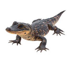Fototapeta premium Young alligator with textured skin poses against a white background.