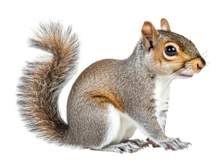 Obraz premium Close-up of a curious squirrel with fluffy tail on a white background.