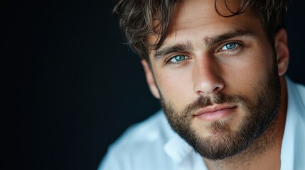 Obraz premium A young man with a thick beard and striking blue eyes is depicted in a close-up portrait wearing a white shirt, conveying a confident and poised demeanor.