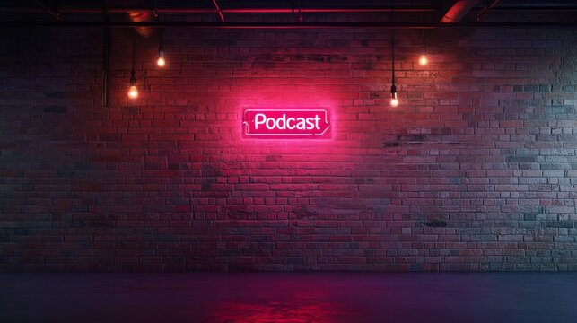 Podcast Neon Sign: A captivating image of a glowing pink neon sign with the word "Podcast" emblazoned across it, set against a backdrop of a dark brick wall and dimly lit industrial-style interior.