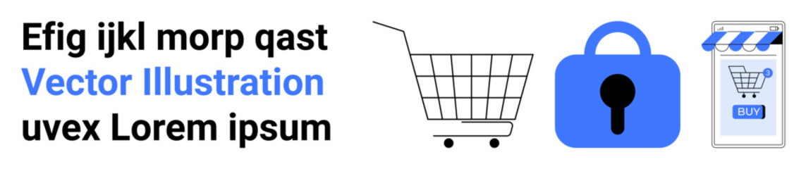 A shopping cart, a padlock, and an online store icon symbolize secure online shopping and e-commerce. Ideal for themes of online shopping, security, e-commerce, checkout, and retail. Banner