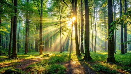 Obraz premium Quiet forest morning with sunlight filtering through the trees reflected