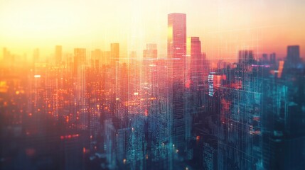 Double exposure of business theme hologram drawing and city veiw background. Concept of success